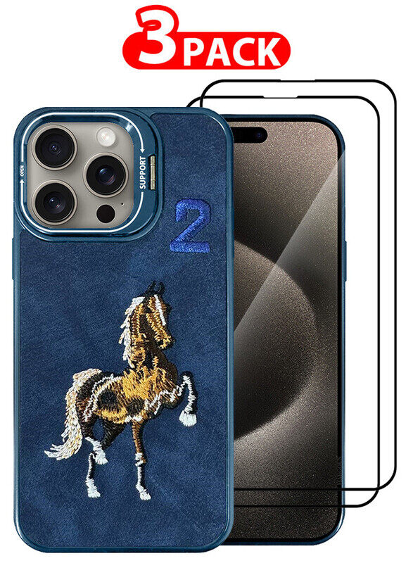 

Generic CATANES 3 Pack For iPhone 15 Pro Max Case Cover and 2 Screen Protectors Horse Series Leather Case 3D Embroidery Camera Bumper Anti Fingerprint ShookPr