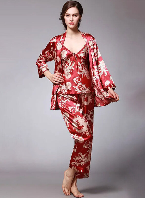 

Generic MARGOUN Bathrobe Women's Large 3 Pieces Pajamas Set Comfortable Sleepwear Silk Lovers Nightgown Dressing Gown Dragon Pattern Red WP032