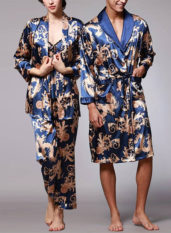 MARGOUN 2 Packs For Bathrobe Men's 3XL Women's 2XL Bath Robe Dressing Gown Comfortable Sleepwear Silk Lovers Nightgown Dressing Gown Dragon Pattern Blue WP032
