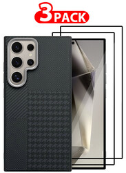 CATANES for Samsung Galaxy S24 Ultra 3 Pack Case Cover and 2 Screen Protectors 2024 New Pattern Aramid Carbon Fiber Phone Case Slim & Light Design