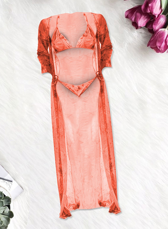 MARGOUN Small Three-piece Digital Printing Bikini Ladies Beach Sunscreen Blouse Swimsuit Long Lace Dress Sheer Dress Sheer Kimono Dress Orange/ S (Lower Bust 66/Waist 66-70)/M3109