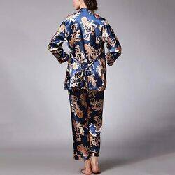 MARGOUN Medium Pajamas For Women Set 3 Pcs Dragon Pattern Robes Silky Pj Sets Sleepwear Cami Nightwear With Robe And Pant TZ013 - Blue