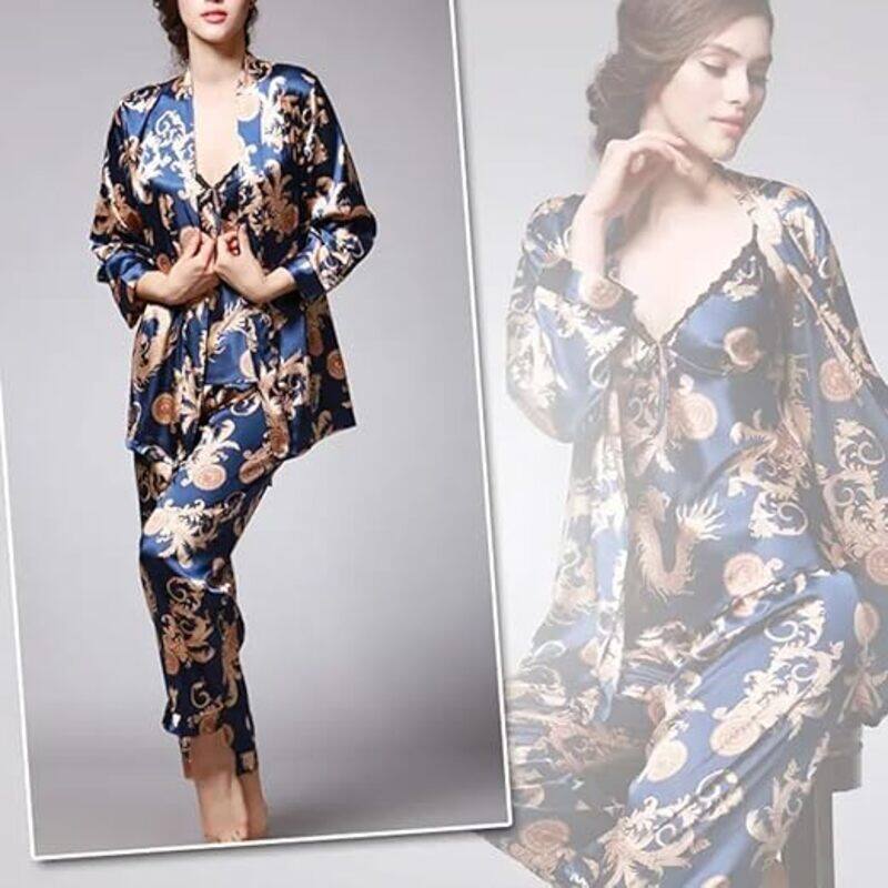 MARGOUN XXL Pajamas For Women Set 3 Pcs Dragon Pattern Robes Silky Pj Sets Sleepwear Cami Nightwear With Robe And Pant TZ013 - Blue