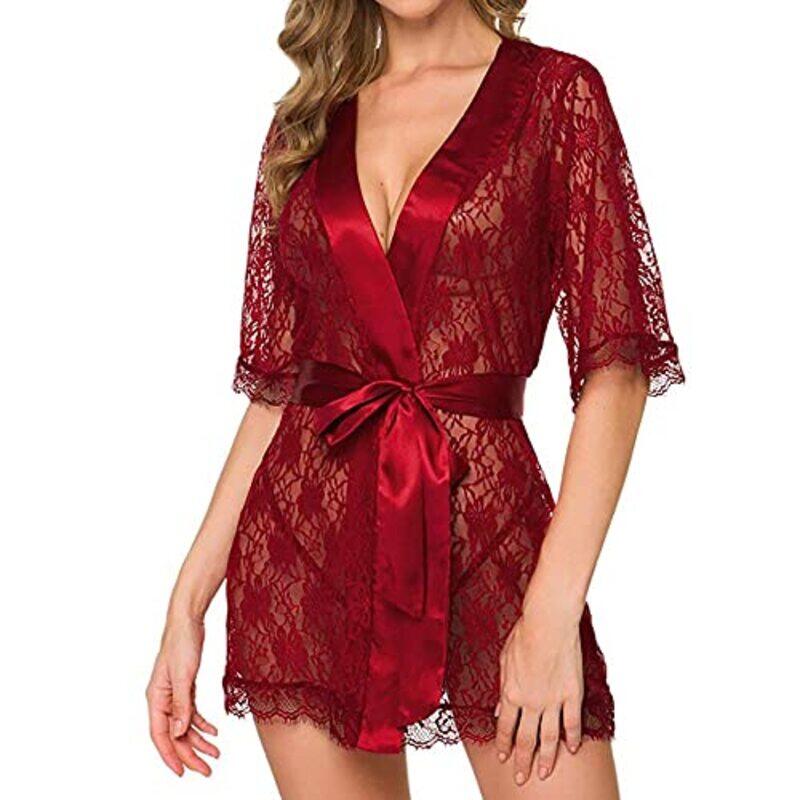 Margoun Sexy Babydoll Robe Transparent Lace Deep V-Neck Short Lingerie Sleepwear Nightwear for Women, W396, Red