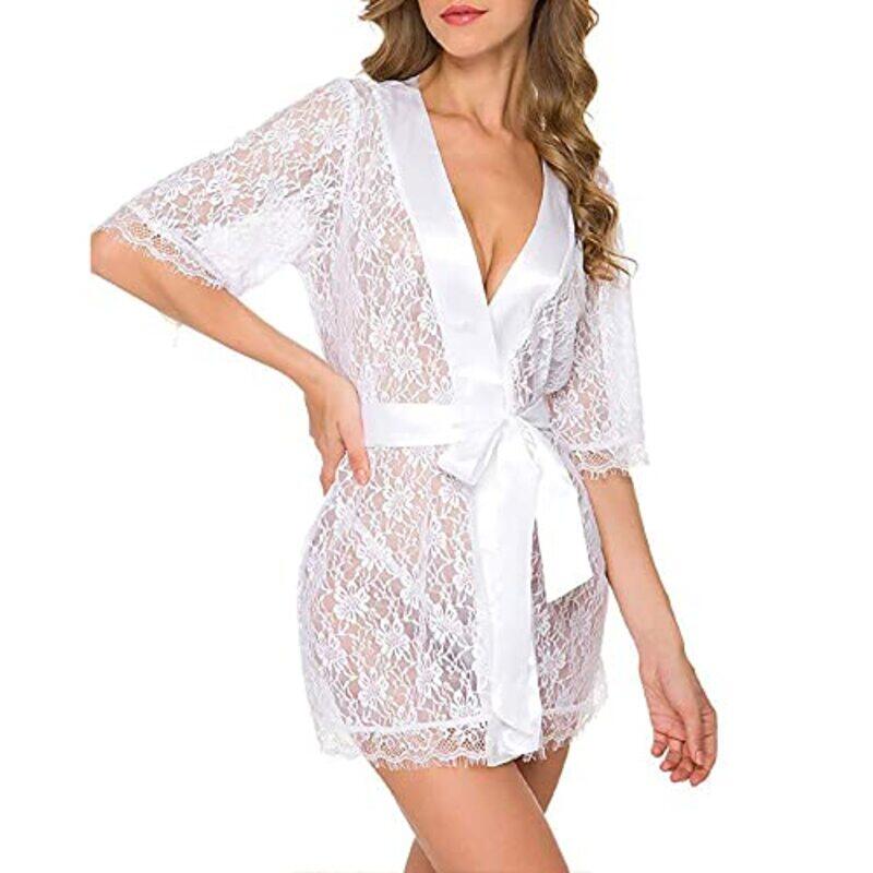 Margoun Sexy Babydoll Robe Transparent Lace Deep V-Neck Short Lingerie Sleepwear Nightwear for Women, W396, White