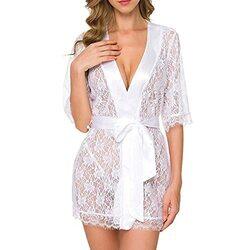 Margoun Sexy Babydoll Robe Transparent Lace Deep V-Neck Short Lingerie Sleepwear Nightwear for Women, W396, White