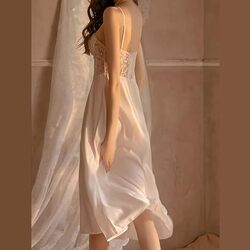MARGOUN Large Sexy Pajamas With Chest Pads Ice Silk Suspenders Nightdress Women Lace Long Dress Home Clothes MG2003 - White