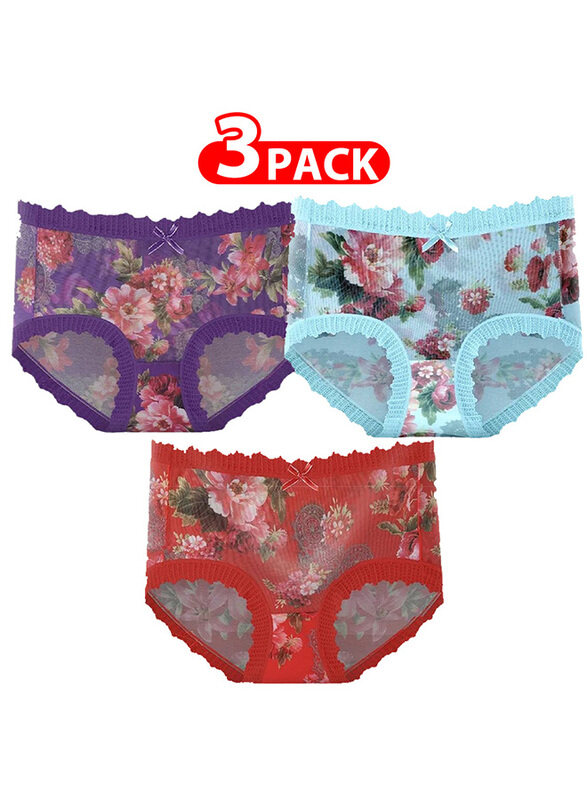 MARGOUN 3 Packs Women's XL Size Ultra-thin Panties Women Lace Briefs Ice Silk Mid-Waist Panties Female Lingerie Fashion Flower Print Seamless Underwear XL (Waist 26'') - MGU02