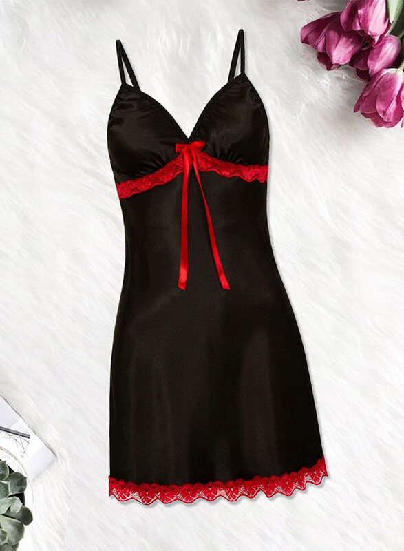 

Generic MARGOUN Women XL Size Silk Nightwear Slip Dress Pajamas Robe Sleepdress Nightdress Deep V Neck Solid Color Satin Silk Lace Comfortable Black