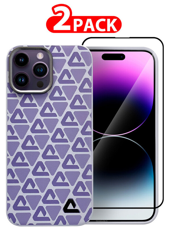 

MARGOUN for iPhone 14 Pro Max 2 Pack Case and Screen Protector Leather Back Cover Triangle Pattern Shockproof Protective Phone Case Purple