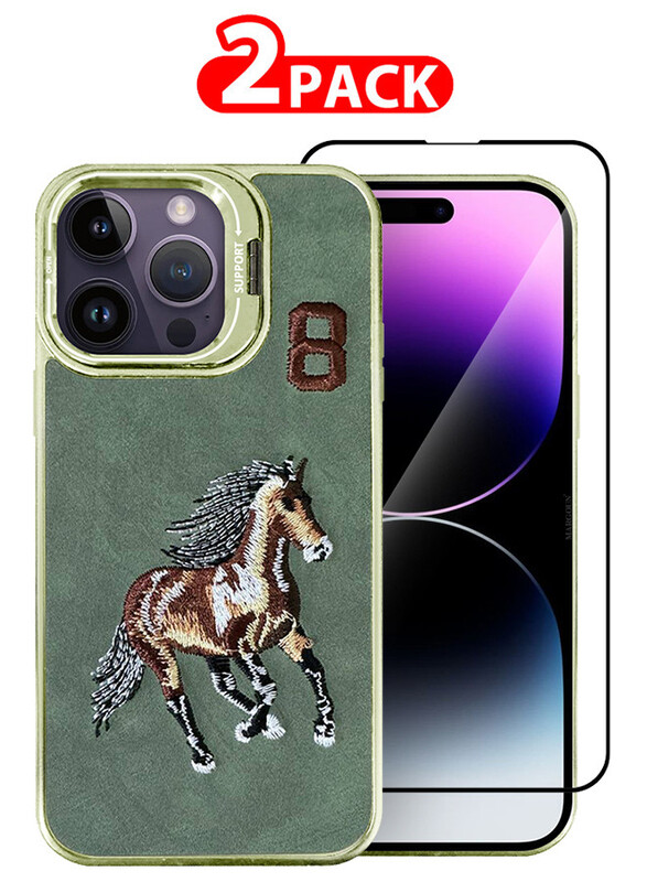 CATANES 2 Pack For iPhone 14 Pro Max Case Cover and Screen Protector Horse Series Leather Case 3D Embroidery Camera Bumper Anti Fingerprint ShookProof Protection Back Cover Kickstand Case Green
