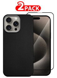 MARGOUN for iPhone 15 Pro Max 2 Pack Case Cover and Screen Protector Leather Case with Lens Frame Shockproof Full Body Protective Cover Black