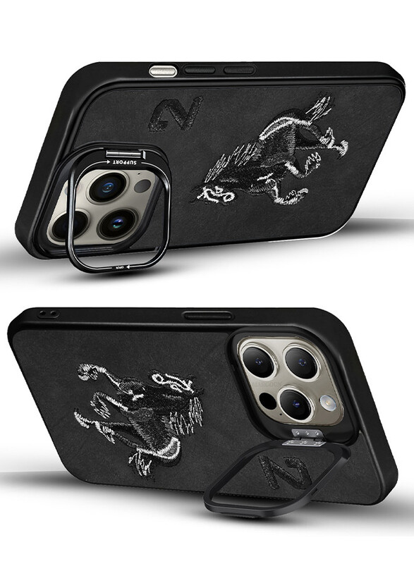 CATANES 3 Pack For iPhone 15 Pro Max Case Cover and 2 Screen Protectors Horse Series Leather Case 3D Embroidery Camera Bumper Anti Fingerprint ShookProof Protection Back Cover Kickstand Case Black