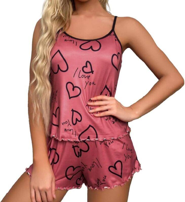 MARGOUN Medium Women Print Sleepwear Push Up Two Piece Sleeveless Shorts Set Underwear Suit Pajamas,Toddler Girl Slipper Sexy Push Up T923 - Pink Love