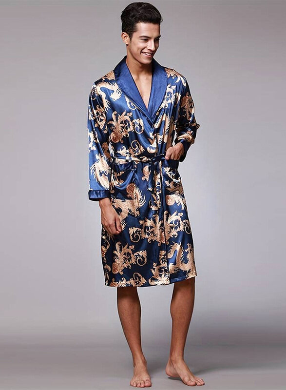 MARGOUN Bathrobe Men's Large Bath Robe Dressing Gown Comfortable Sleepwear Silk Lovers Long Special Style Sleeves Nightgown Dressing Gown Dragon Pattern Blue WP032