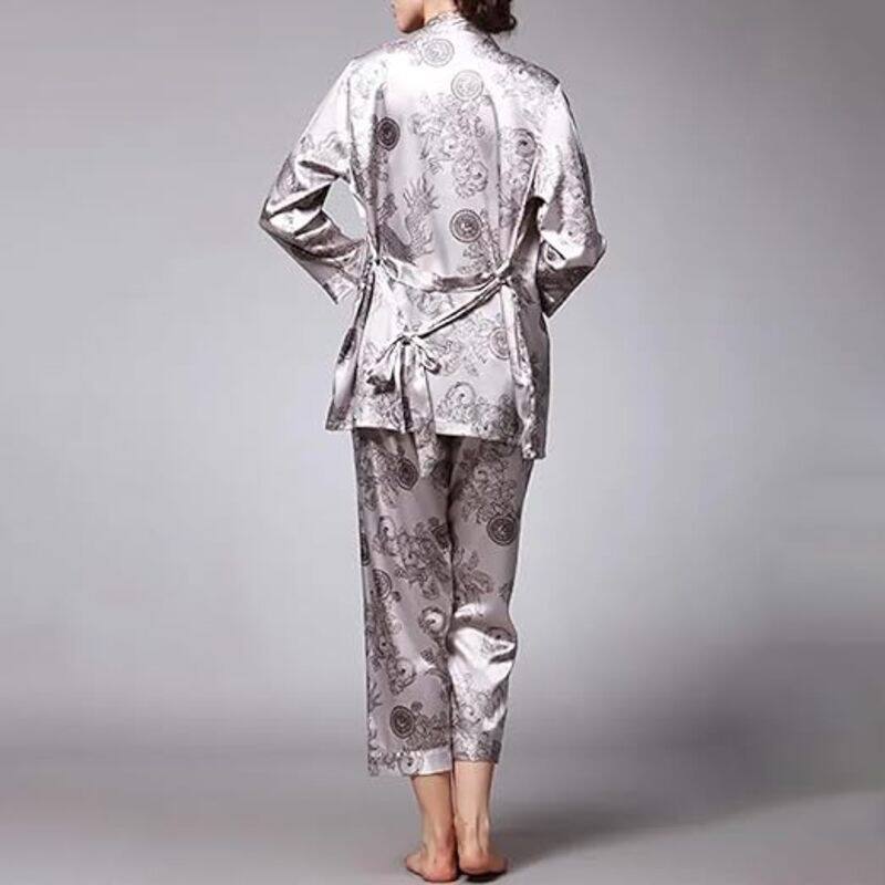 MARGOUN XXL Pajamas For Women Set 3 Pcs Dragon Pattern Robes Silky Pj Sets Sleepwear Cami Nightwear With Robe And Pant TZ013 - Silver