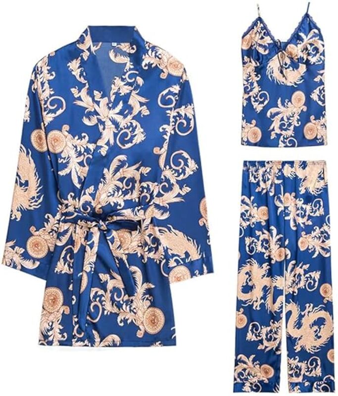 MARGOUN Large Pajamas For Women Set 3 Pcs Dragon Pattern Robes Silky Pj Sets Sleepwear Cami Nightwear With Robe And Pant TZ013 - Blue