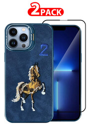 MARGOUN 2 Pack For iPhone 13 Pro Max Case Cover and Screen Protector Horse Series Leather Case 3D Embroidery Camera Bumper Anti Fingerprint ShookProof Protection Back Cover Kickstand Case Blue