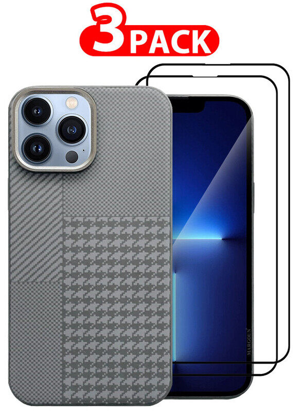 MARGOUN for iPhone 13 Pro Max Case Cover and 2 Screen Protectors 2024 New Pattern Aramid Carbon Fiber Phone Case Slim & Light Design