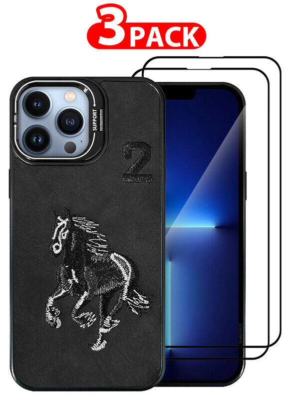 

Generic CATANES 3 Pack For iPhone 13 Pro Max Case Cover and 2 Screen Protectors Horse Series Leather Case 3D Embroidery Camera Bumper Anti Fingerprint ShookPr