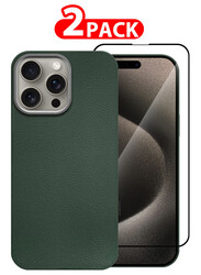 MARGOUN for iPhone 15 Pro 2 Pack Case Cover and Screen Protector Leather Case with Lens Frame Shockproof Full Body Protective Cover Green