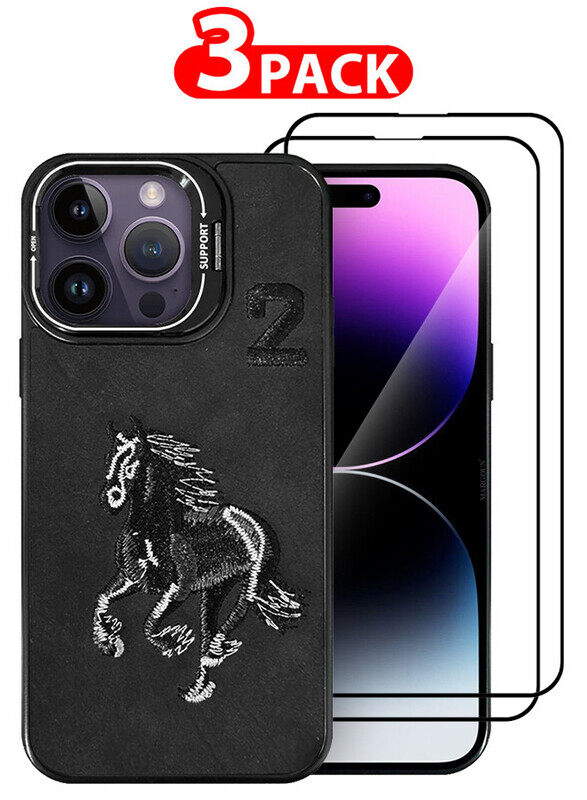 

MARGOUN 3 Pack For iPhone 14 Pro Max Case Cover and 2 Screen Protectors Horse Series Leather Case 3D Embroidery Camera Bumper Anti Fingerprint ShookPr