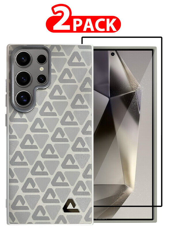

MARGOUN for Samsung Galaxy S24 Ultra 2 Pack Case and Screen Protector Leather Back Cover Triangle Pattern Shockproof Protective Phone Case Light Beige