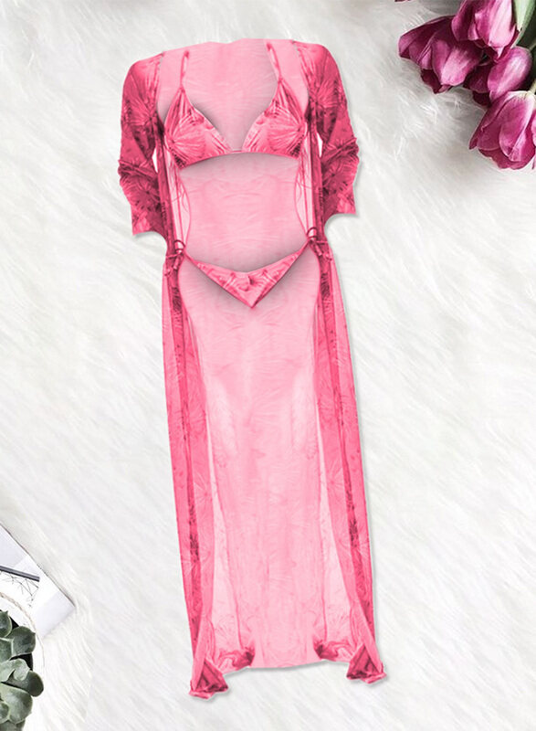 MARGOUN Large Three-piece Digital Printing Bikini Ladies Beach Sunscreen Blouse Swimsuit Long Lace Dress Sheer Dress Sheer Kimono Dress Pink/ L (Lower Bust 74/Waist 74-78)/M3109