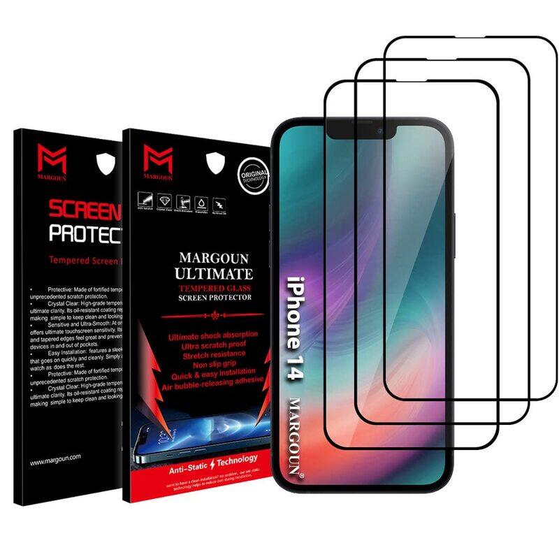 

Margoun Apple iPhone 14 Mobile Phone Tempered Glass Screen Protector, 3 Piece, Black