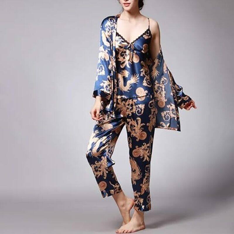 MARGOUN Medium Pajamas For Women Set 3 Pcs Dragon Pattern Robes Silky Pj Sets Sleepwear Cami Nightwear With Robe And Pant TZ013 - Blue