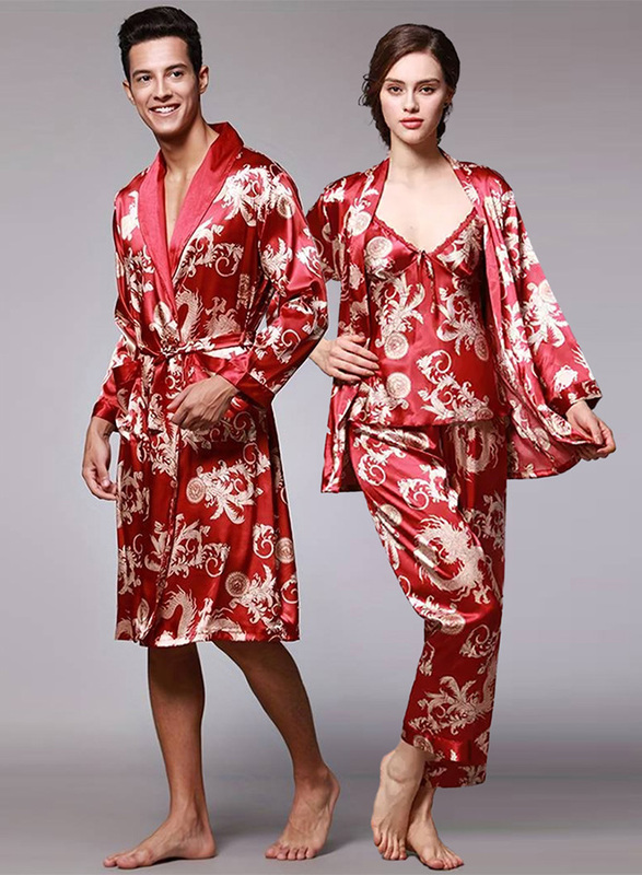 MARGOUN 2 Packs For Bathrobe Men's 2XL Women's XL Bath Robe Dressing Gown Comfortable Sleepwear Silk Lovers Nightgown Dressing Gown Dragon Pattern Red WP032