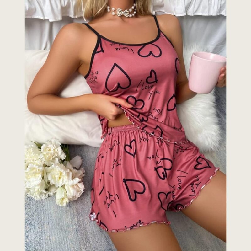 MARGOUN Medium Women Print Sleepwear Push Up Two Piece Sleeveless Shorts Set Underwear Suit Pajamas,Toddler Girl Slipper Sexy Push Up T923 - Pink Love