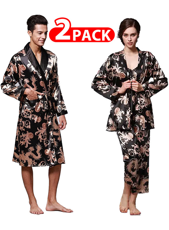 MARGOUN 2 Packs For Bathrobe Men's 3XL Women's 2XL Bath Robe Dressing Gown Comfortable Sleepwear Silk Lovers Nightgown Dressing Gown Dragon Pattern Black WP032