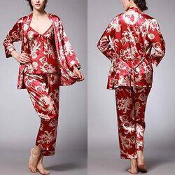 MARGOUN Medium Pajamas For Women Set 3 Pcs Dragon Pattern Robes Silky Pj Sets Sleepwear Cami Nightwear With Robe And Pant TZ013 - Red