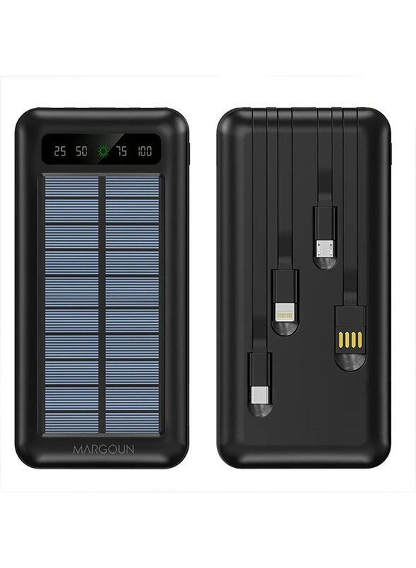 

MARGOUN 20000mAh Solar Power Bank Big Capacity Phone Charging Powerbank with Cable External Battery Phone Fast Charger Black