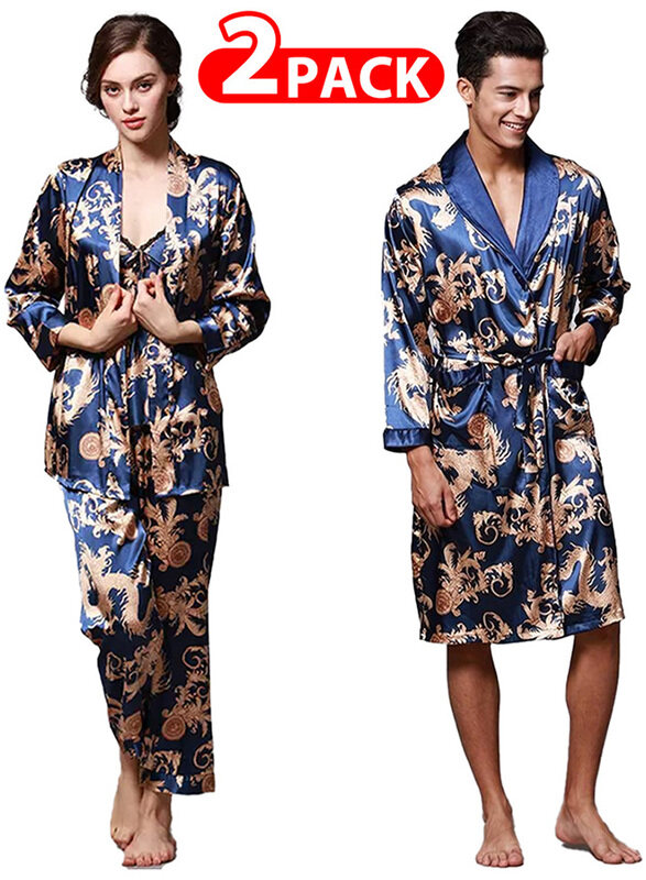 

Generic MARGOUN 2 Packs For Bathrobe Men's 3XL Women's 2XL Bath Robe Dressing Gown Comfortable Sleepwear Silk Lovers Nightgown Dressing Gown Dragon Pattern Bl