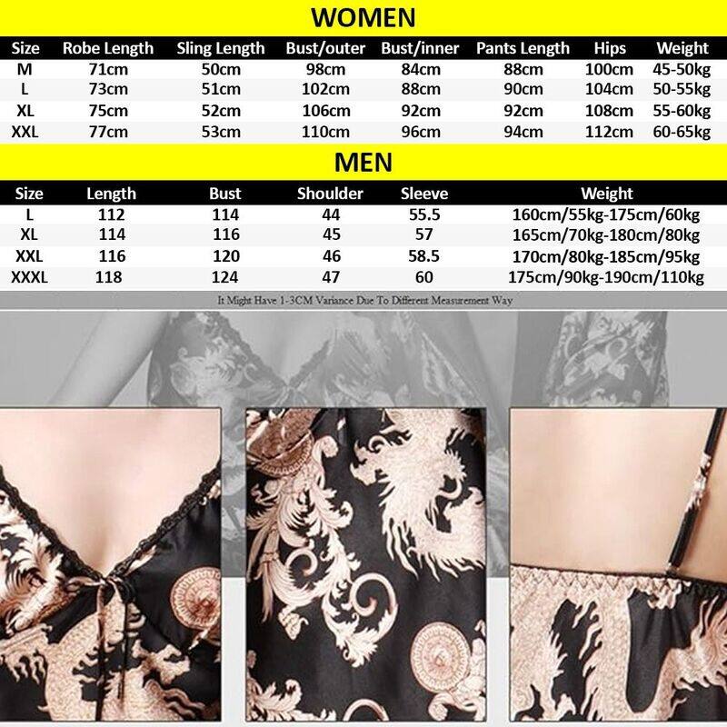 MARGOUN Bathrobe Women's XXL 3 Pieces Pajamas Set Comfortable Sleepwear Silk Lovers Nightgown Dressing Gown Dragon Pattern Beige WP032