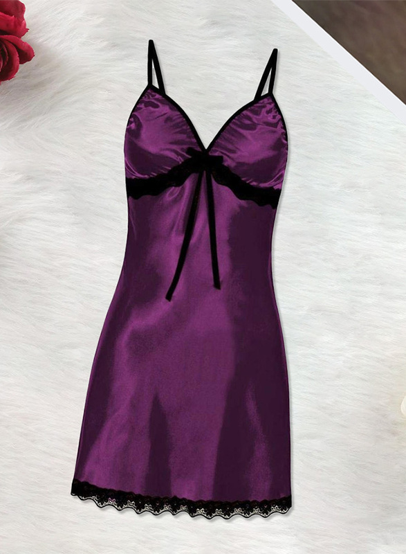 MARGOUN Women Medium Size Silk Nightwear Slip Dress Pajamas Robe Sleepdress Nightdress Deep V Neck Solid Color Satin Silk Lace Comfortable Purple