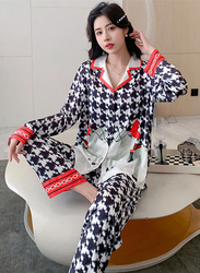 MARGOUN XL Size High Quality Women's Silk Pajamas Satin Long Sleeve Pants Set Plaid Print Cardigan Lapel Home Clothes - MG15