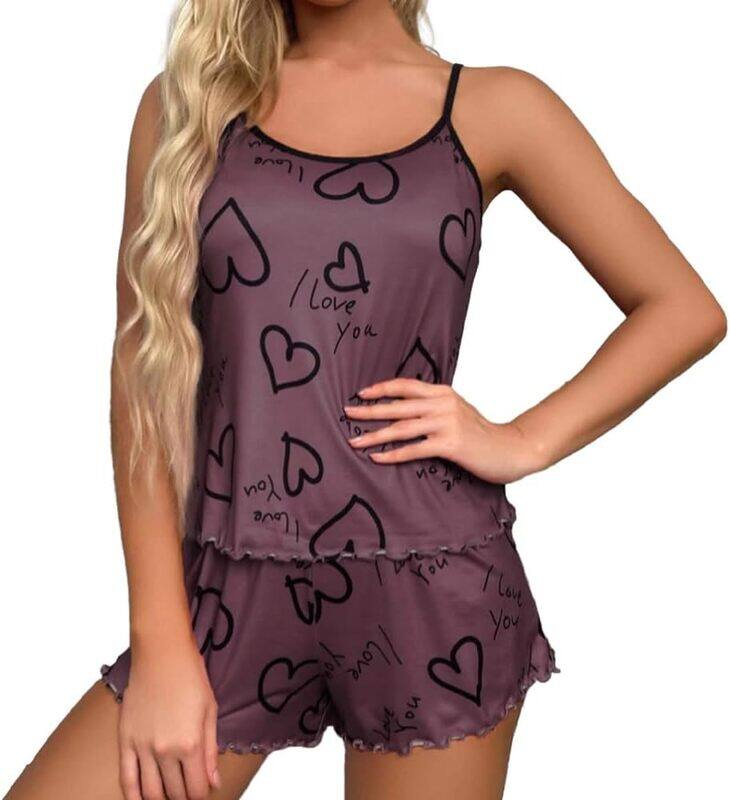 MARGOUN Large Women Print Sleepwear Push Up Two Piece Sleeveless Shorts Set Underwear Suit Pajamas,Toddler Girl Slipper Sexy Push Up T923 - Purple Love