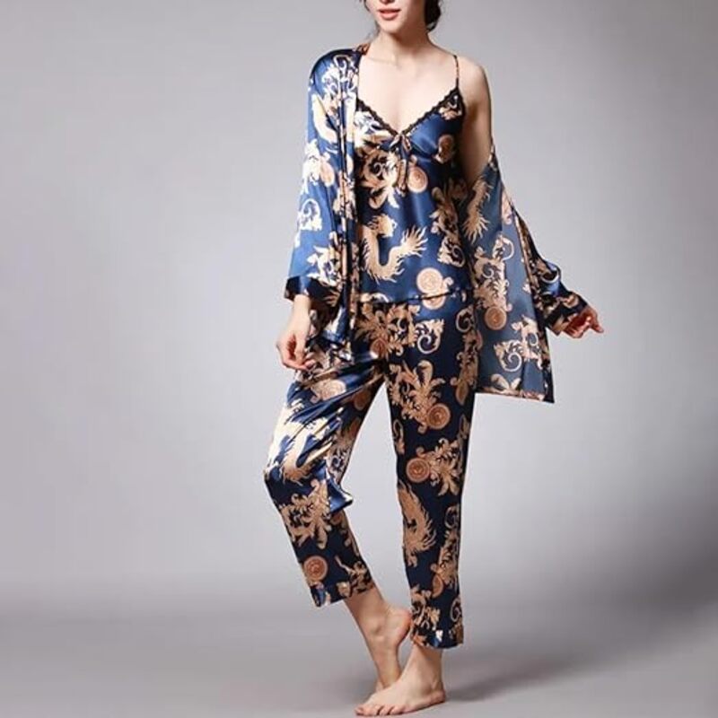 MARGOUN XL Pajamas For Women Set 3 Pcs Dragon Pattern Robes Silky Pj Sets Sleepwear Cami Nightwear With Robe And Pant TZ013 - Blue