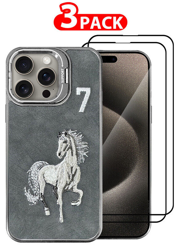 

MARGOUN 3 Pack For iPhone 15 Pro Max Case Cover and 2 Screen Protectors Horse Series Leather Case 3D Embroidery Camera Bumper Anti Fingerprint ShookPr
