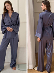 MARGOUN Women's Large Pyjama Set Long Sleeve Sleepwear Satin Two Piece Nightdress Kimono Pyjamas with Belt Tops and Trousers Purple T2702