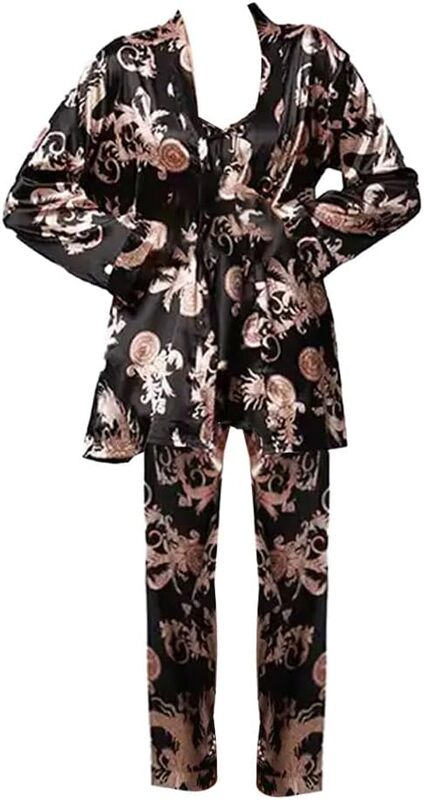 MARGOUN Medium Pajamas For Women Set 3 Pcs Dragon Pattern Robes Silky Pj Sets Sleepwear Cami Nightwear With Robe And Pant TZ013 - Black