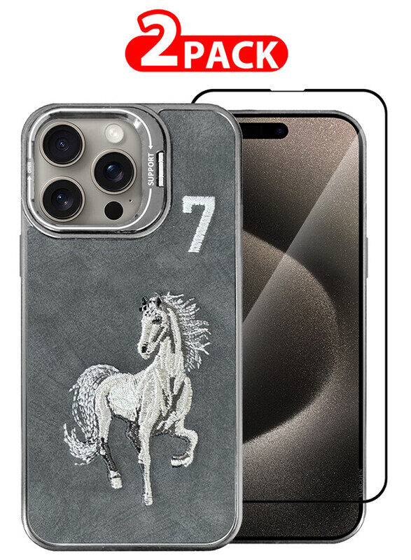 

Generic CATANES 2 Pack For iPhone 15 Pro Max Case Cover and Screen Protector Horse Series Leather Case 3D Embroidery Camera Bumper Anti Fingerprint ShookProof
