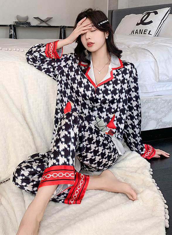 MARGOUN Medium Size High Quality Women's Silk Pajamas Satin Long Sleeve Pants Set Plaid Print Cardigan Lapel Home Clothes - MG15