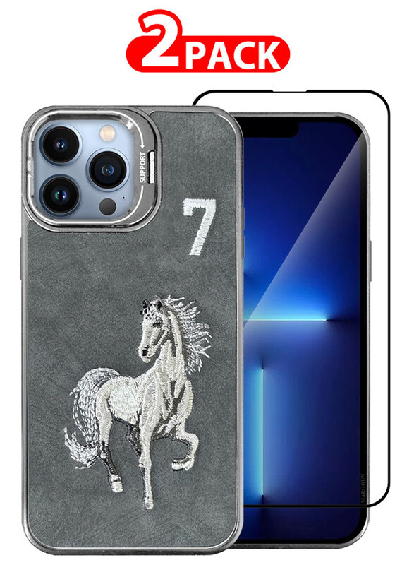 MARGOUN 2 Pack For iPhone 13 Pro Max Case Cover and Screen Protector Horse Series Leather Case 3D Embroidery Camera Bumper Anti Fingerprint ShookProof Protection Back Cover Kickstand Case Grey