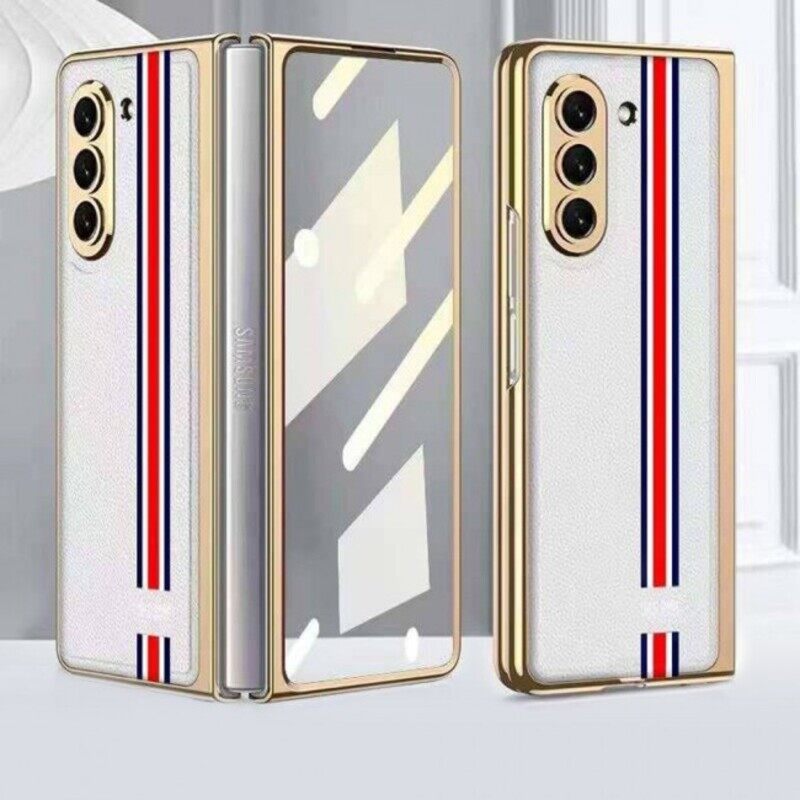 

Not Applicable MARGOUN For Samsung Galaxy Z Fold5 Case Leather and Hard PC Case with Screen Protector Blue Red Line Design/White