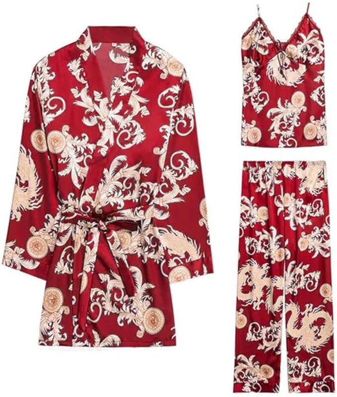 MARGOUN XL Pajamas For Women Set 3 Pcs Dragon Pattern Robes Silky Pj Sets Sleepwear Cami Nightwear With Robe And Pant TZ013 - Red