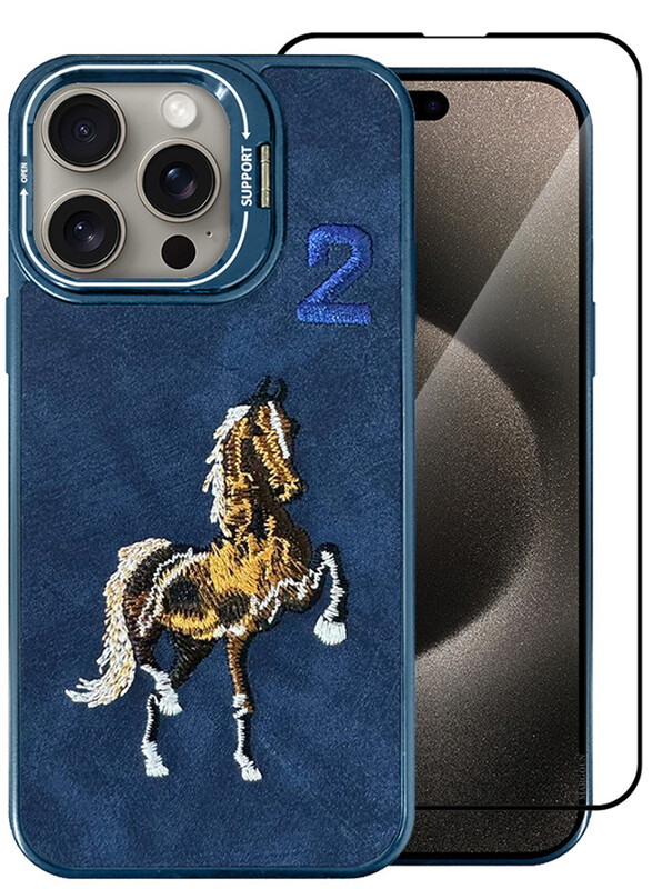 CATANES 2 Pack For iPhone 15 Pro Max Case Cover and Screen Protector Horse Series Leather Case 3D Embroidery Camera Bumper Anti Fingerprint ShookProof Protection Back Cover Kickstand Case Blue